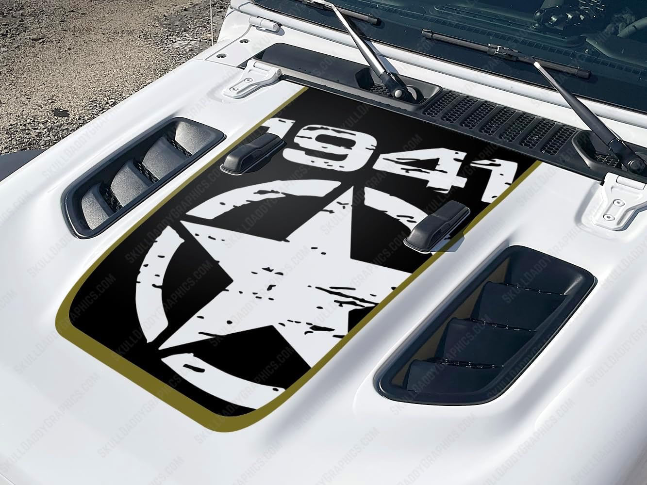 1941 Distressed Military Star Hood Decal to fit Rubicon Jeep Wrangler Gladiator JL JT 2018-2026 (Rubi Red Stripe)