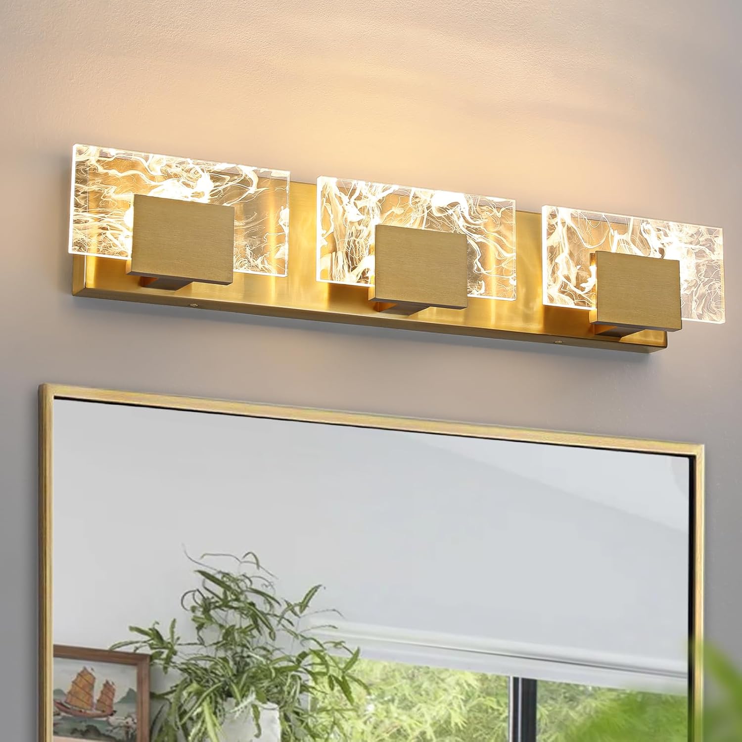 LED Bathroom Vanity Light: 24 inch Brushed Gold Acrylic Modern Lighting Fixtures - 3 Lights Contemporary Smoke Design Wall Lights Fixture Over Mirror 3000K Gold 3 Light