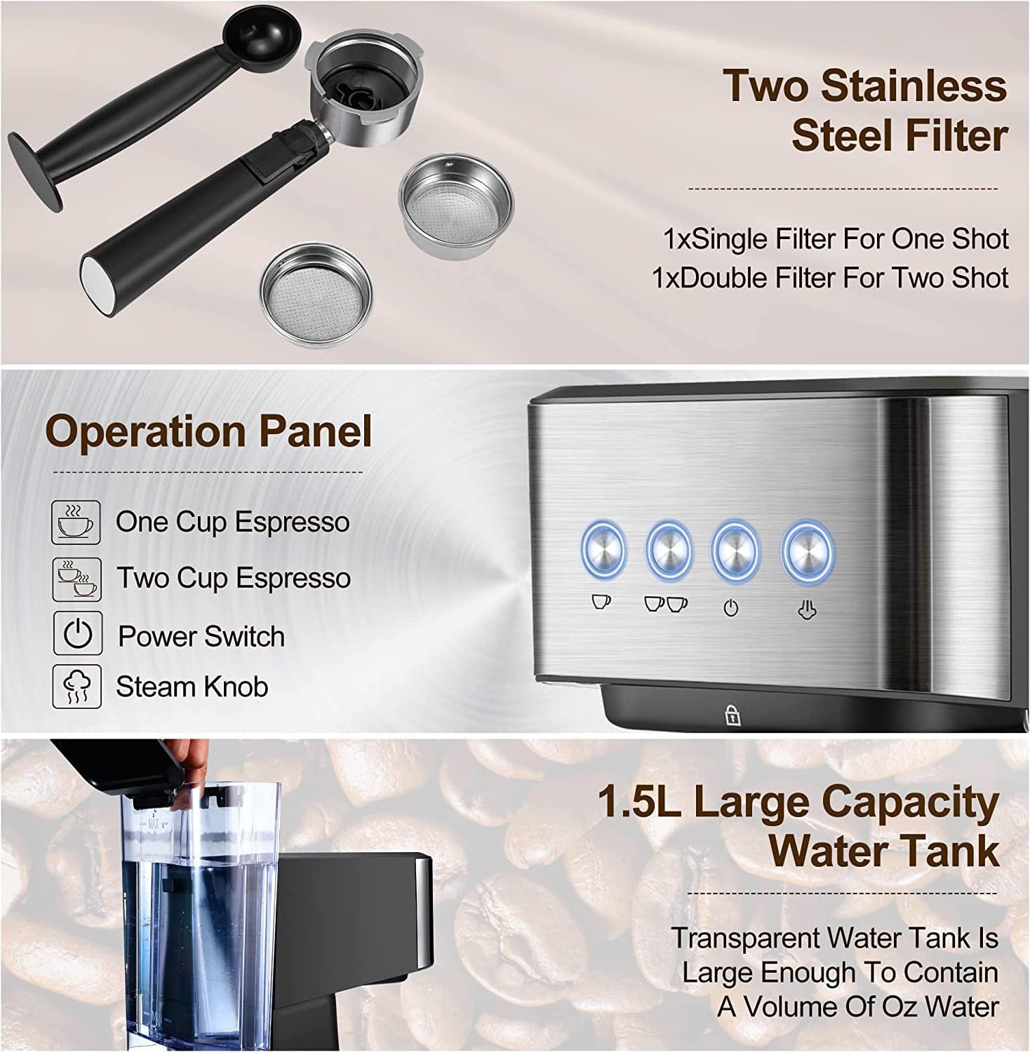 Cafetera expreso Profesional de 1050 W con vaporizador de Leche y depósito de Agua extraíble de 1,5 L para expreso, Capuchino y Latte.