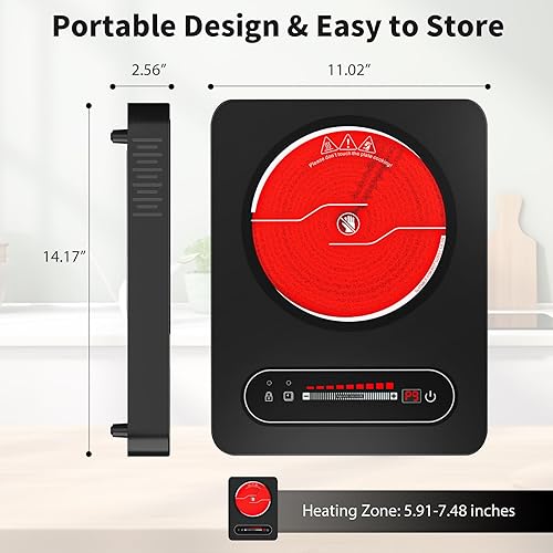 Miniatura 9 de VBGK Cocina eléctrica de un solo quemador, estufa de 110 V 1800 W con control táctil LED, 9 niveles de potencia, temporizador, bloqueo de seguridad,