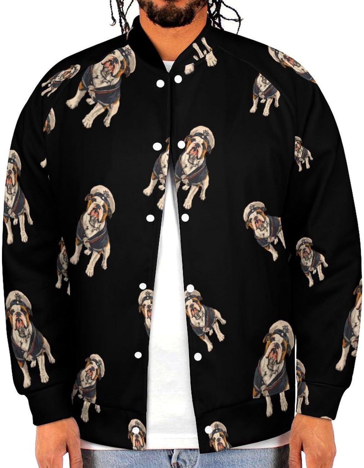 Bull Dog Sailor Novelty Men's Baseball Jackets Causal Sweatshirt Button Top Long Sleeve Coat