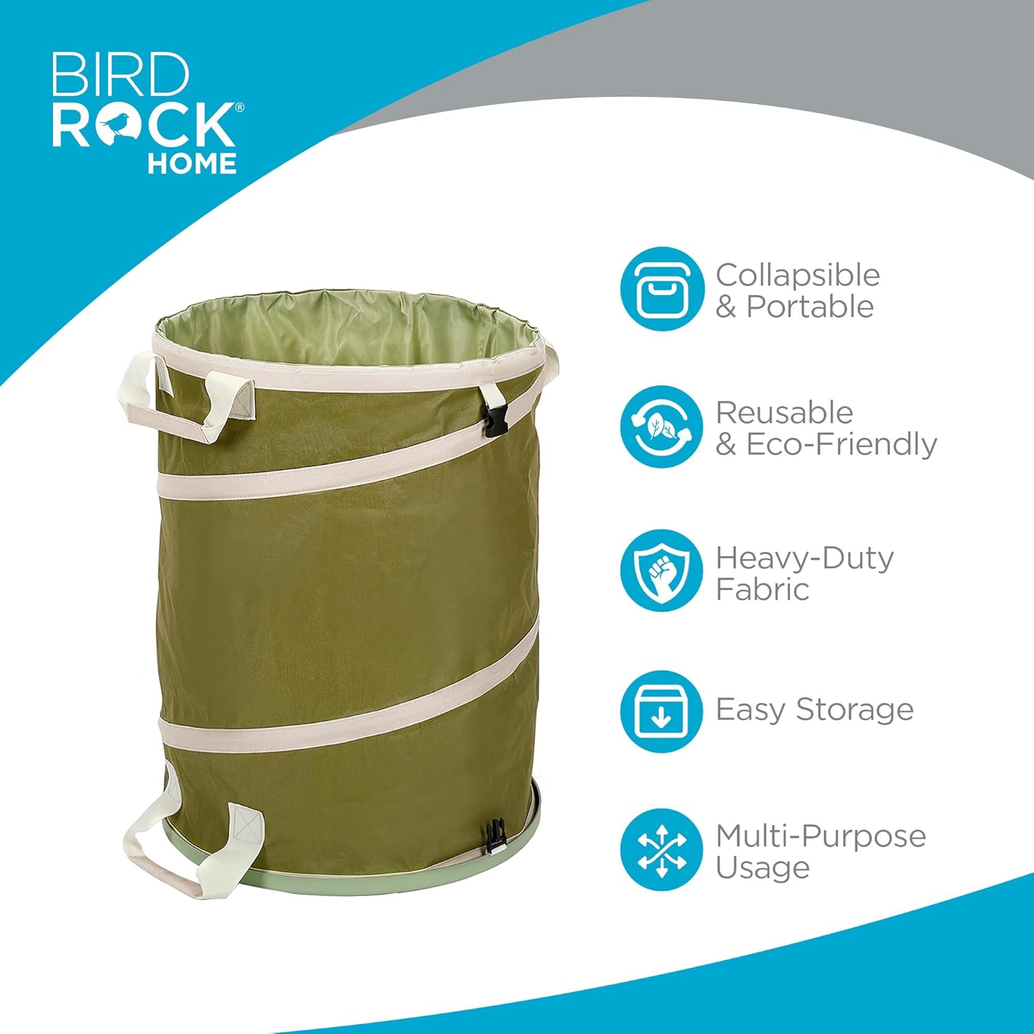 BIRDROCK HOME Collapsible Lawn and Leaf Waste Bag with Lid - 30 Gallon - Heavy Duty Reusable Camping Trash Can - Hardshell Bottom for Yard Debris, Garage Storage - Portable Garden Bin - Green