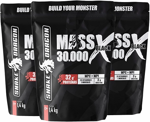 Snake Dragon Hipercalórico Mass X Black 30.000 Refil 1,4Kg 724 Kcal + Whey Protein Isolado e Concentrado 25 Vitaminas e Minerais Proteínas (3 Refil (4,2Kg), Chocolate ao Leite)