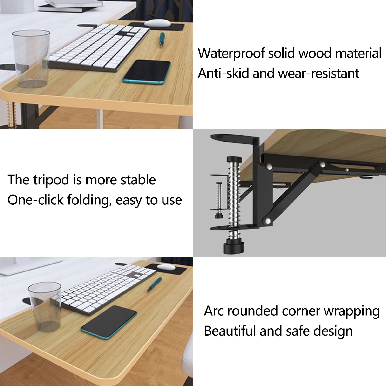 Ergonomische Computer-Schreibtischverlängerung aus Holz, faltbare Armlehne mit Maus- und Tablet-Tablett, Ständer für Heimbüro, 4 Farben erhältlich, Beige, 68 x 24 cm