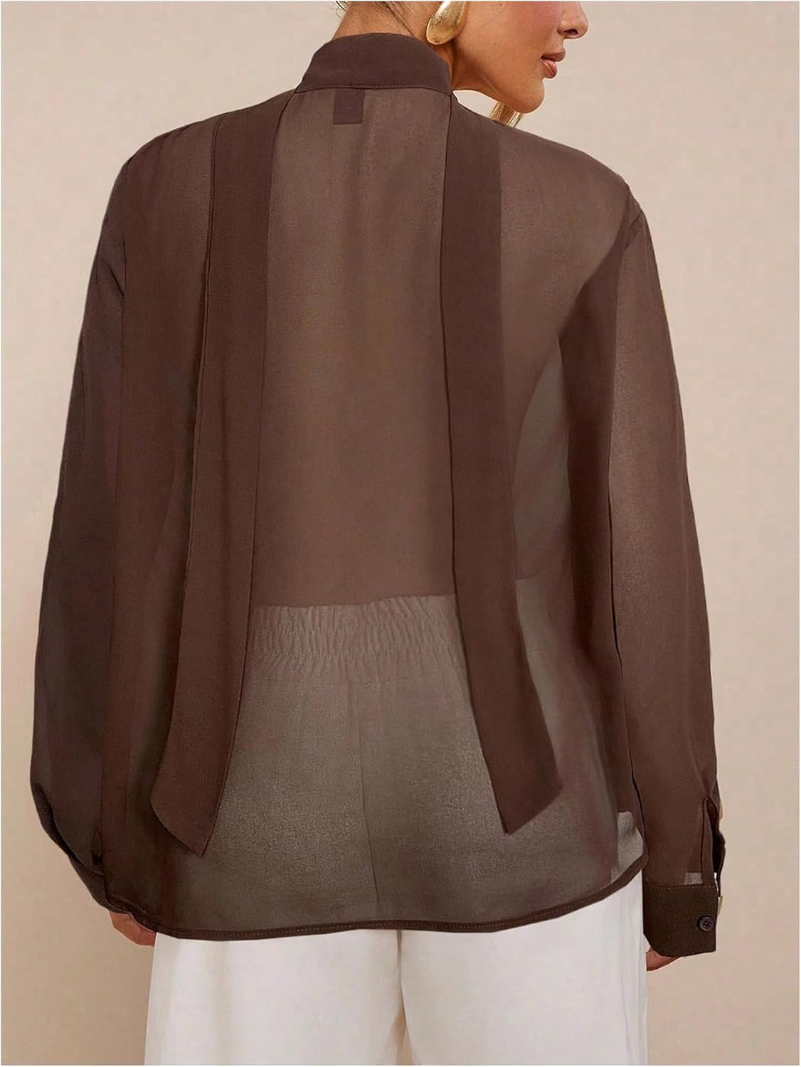 Women's Cowl Neck Sheer Mesh Blouses Long Sleeve Elegant Halter Blouses Tops with Scarf - Image 2