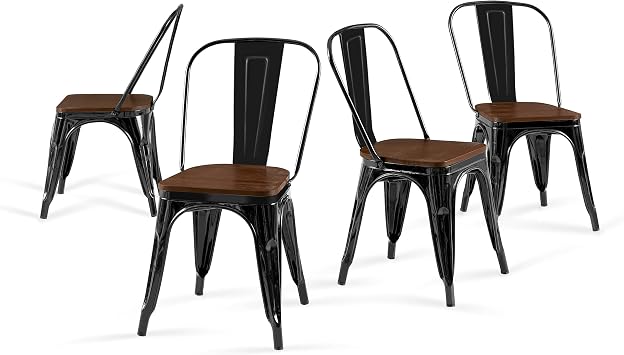 Obsidian Black Color,Metal Black Dining Chairs with Wood Seat,Set of 4 | Iron Stackable Tolix Modern Indoor Outdoor Bistro Kitchen Patio