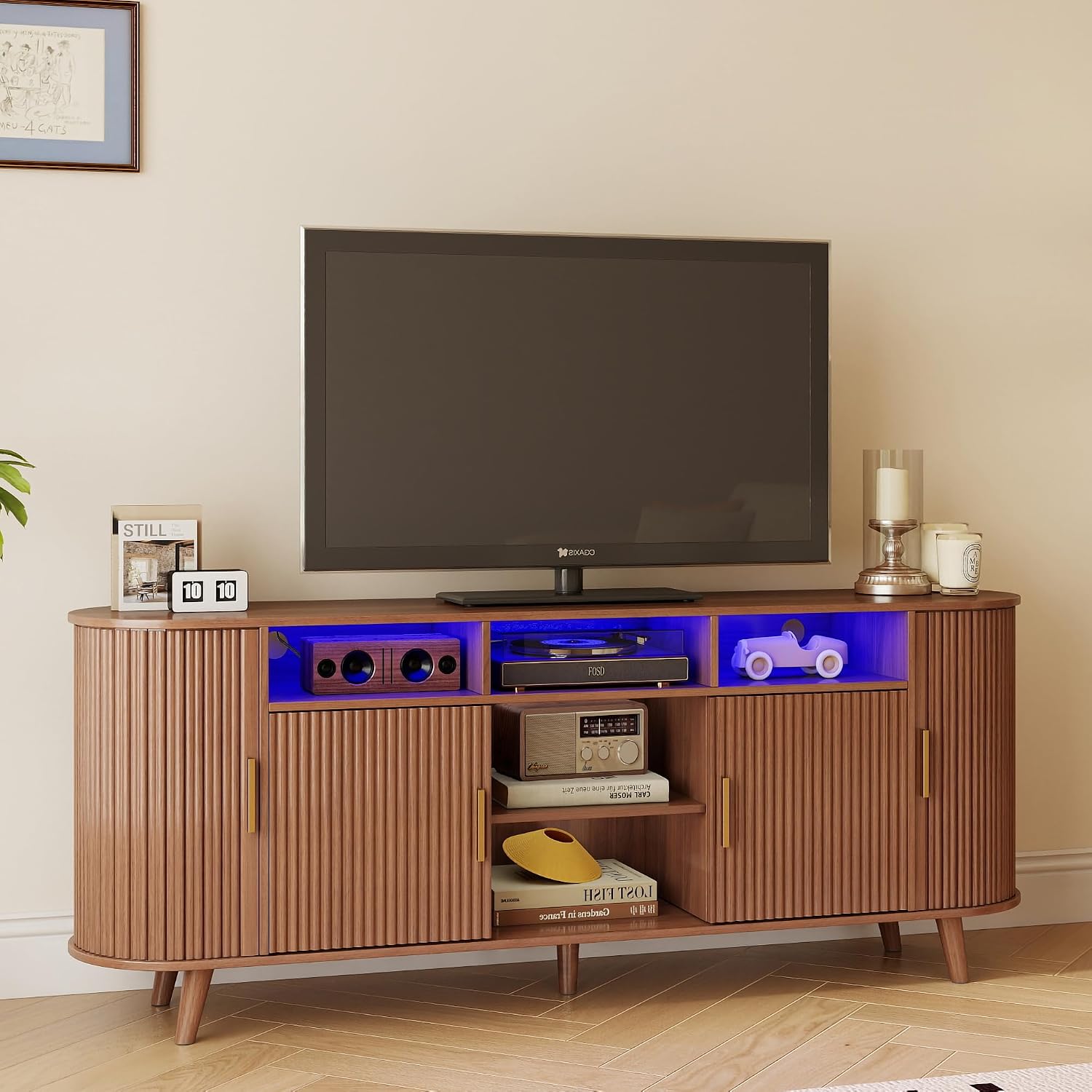 69" TV Stand with LED Lights for TVs up to 75",3-Tier Entertainment Center with Storage and Drawer, Fluted TV Console with Storage and Sliding Door,TV Stand for Living Room, Bedroom,Walnut