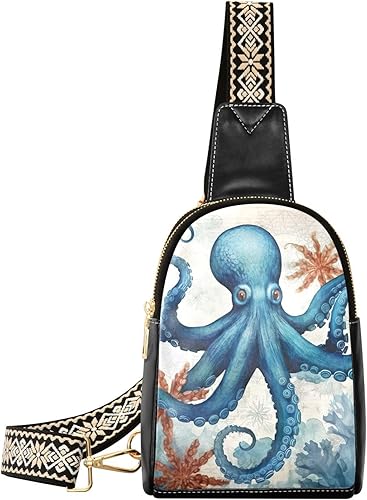 Sling Backpack Octopus Vintage Sling Bag for Women Crossbody Shoulder Bag Leather Fanny Pack Chest Bag for Travel Hiking 202A1790