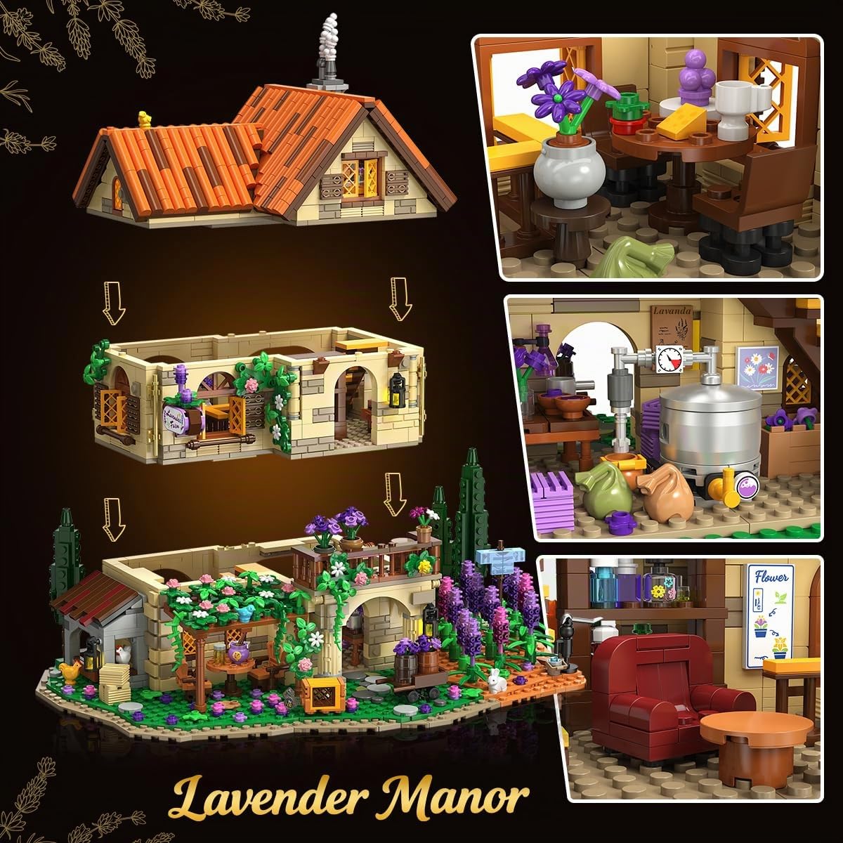INSOON - Set di costruzioni in miniatura della casa di Lavender Manor con luci, 1960 pezzi, modello di costruzione della tenuta di lavanda, decorazione per la casa, romantico mazzo di fiori di lavanda
