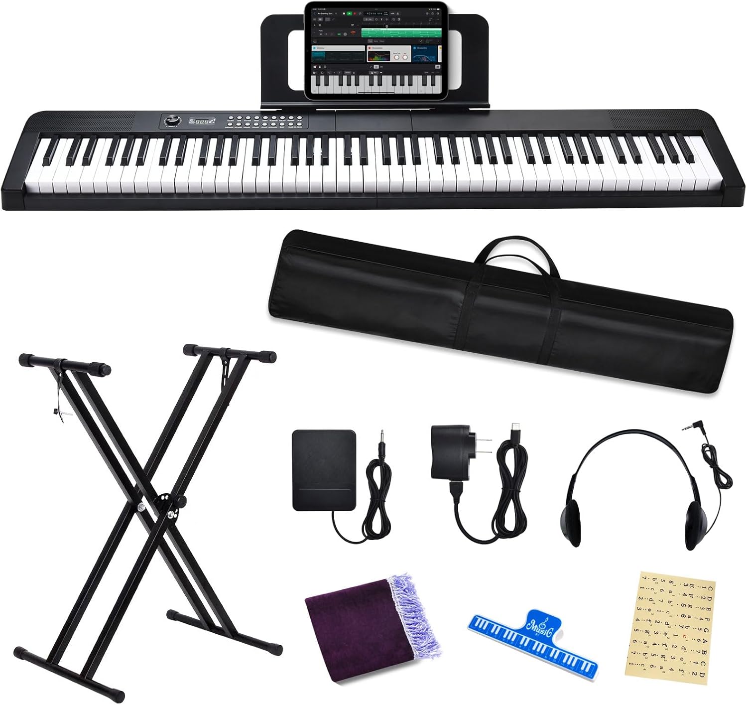 Photo 1 of  88 Key Digital Piano Electric Keyboard, 88 Key Keyboard Piano for for Beginner, with Power Adapter, Sustain Pedal, Stand, Bluetooth, Carrying Case, Headphones, USB-MIDI, for at Home/Stage 