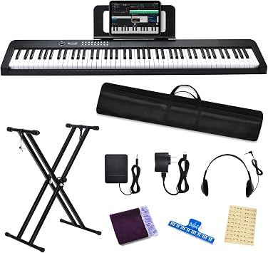 88 Key Piano Keyboard, Electric Digital Piano with Semi Weighted Keys, Keyboard Piano with Sustain Pedal, Power Adapter, Stand, Carrying Case, Headphones, USB-MIDI Compatibility, for Beginner Adults