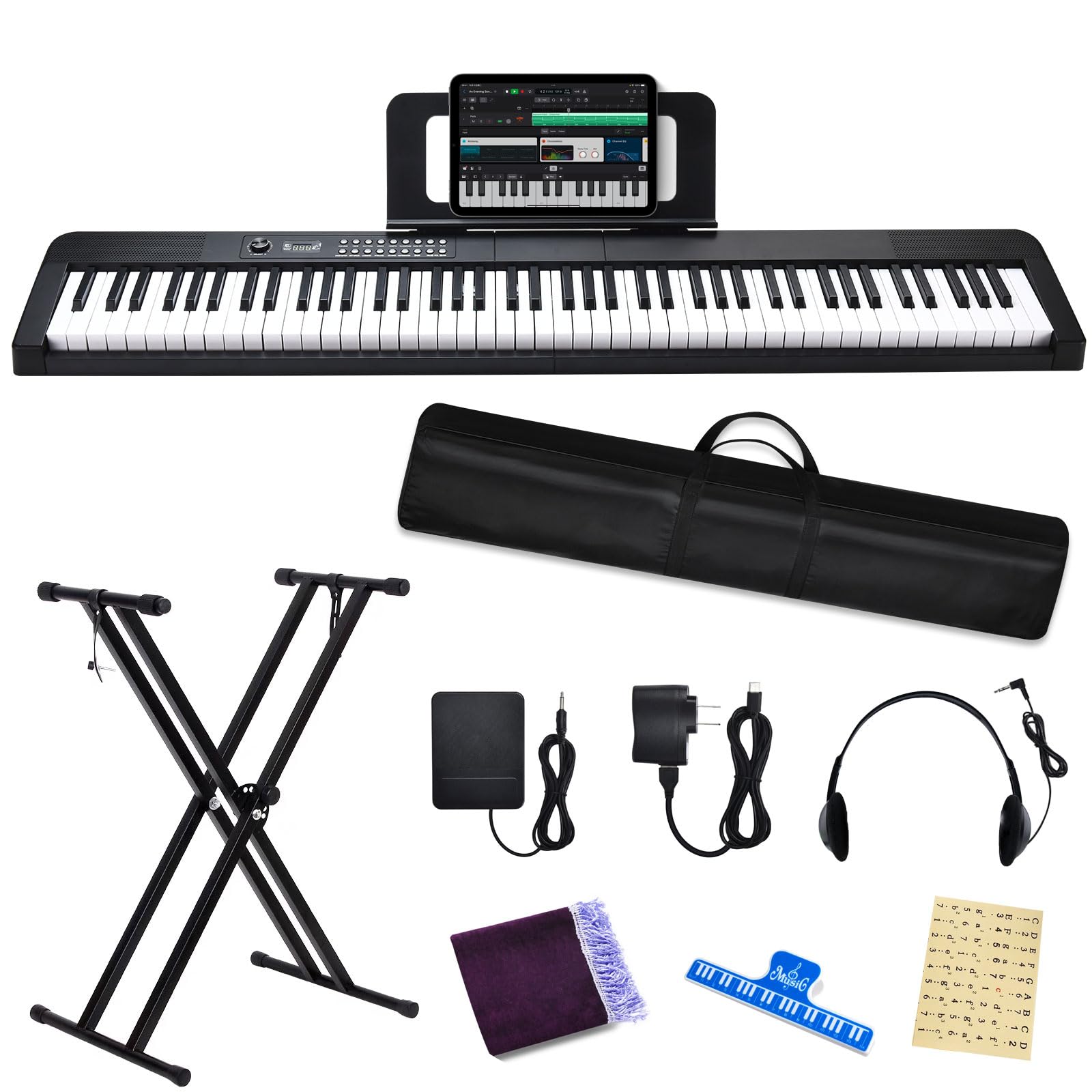 88 Key Digital Piano Electric Keyboard, 88 Key Keyboard Piano for for Beginner, with Power Adapter, Sustain Pedal, Stand, Bluetooth, Carrying Case, Headphones, USB-MIDI, for at Home/Stage