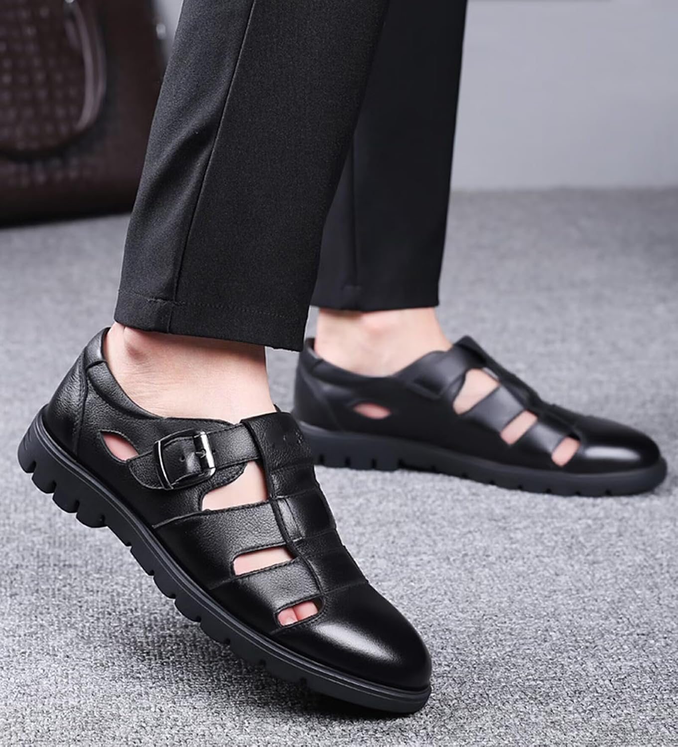 HNVAVQ Leather Sandals Men's Fisherman Sandals, Elegant Summer Shoes for Office and Everyday Hiking Shoes - Brown, Black image 4