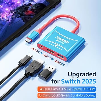 JEMDO Switch 2 TV Docking Station, 3-in-1 HDMI Adapter with 4K@60Hz HDMI 2.0 &18Gbps, PD 100W & USB 3.0 Port, Portable Compact Travel Dock Compatible with Nintendo Switch 2(below V21.0.0)/OLED/2017