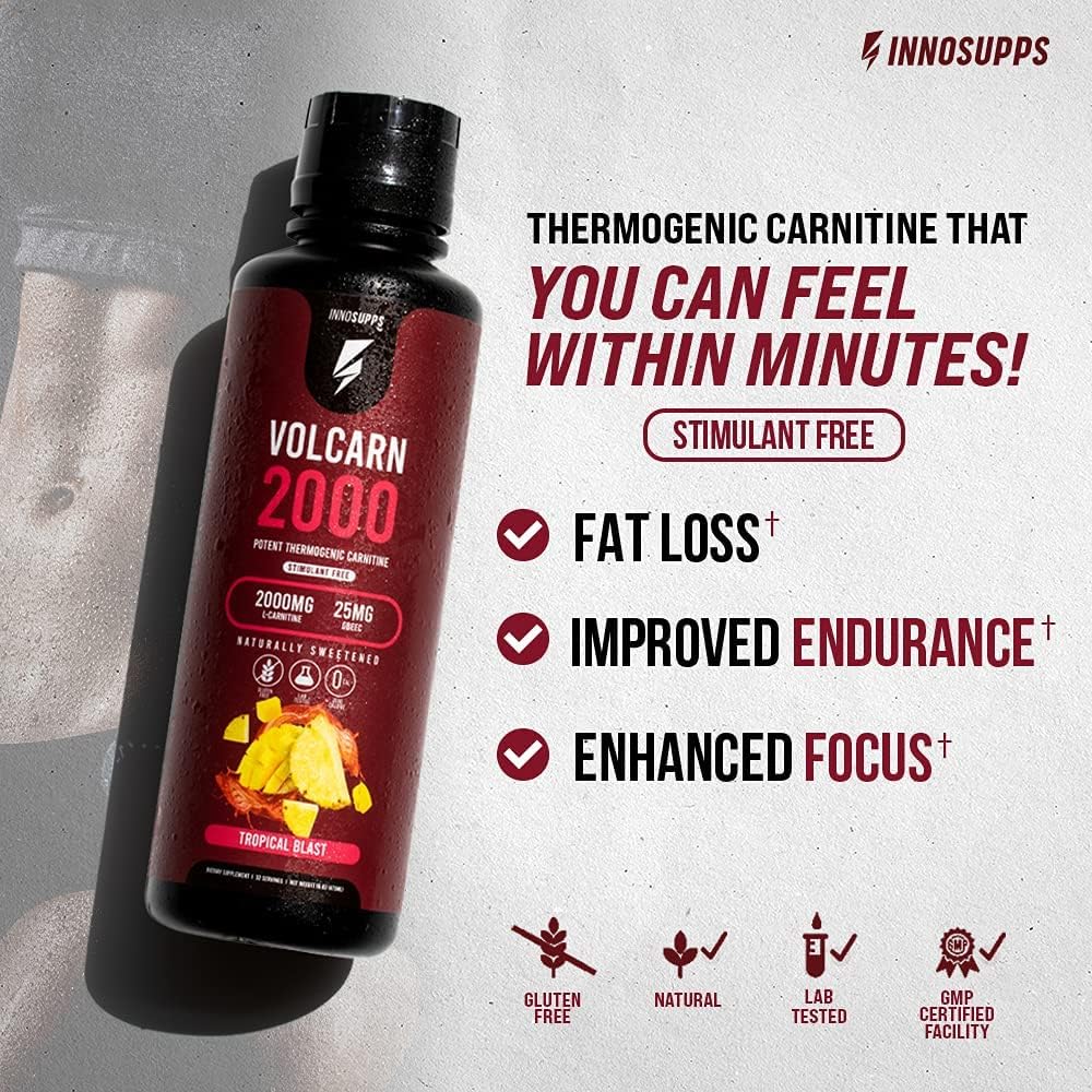 InnoSupps Volcarn 2000 - Advanced Fat Burning Liquid | L-Carnitine, GBEEC, Boost Energy, ATP Enhancer | Caffeine Free, No Artificial Sweeteners | 32 Servings (Candy Peach Rings) : Health & Household
