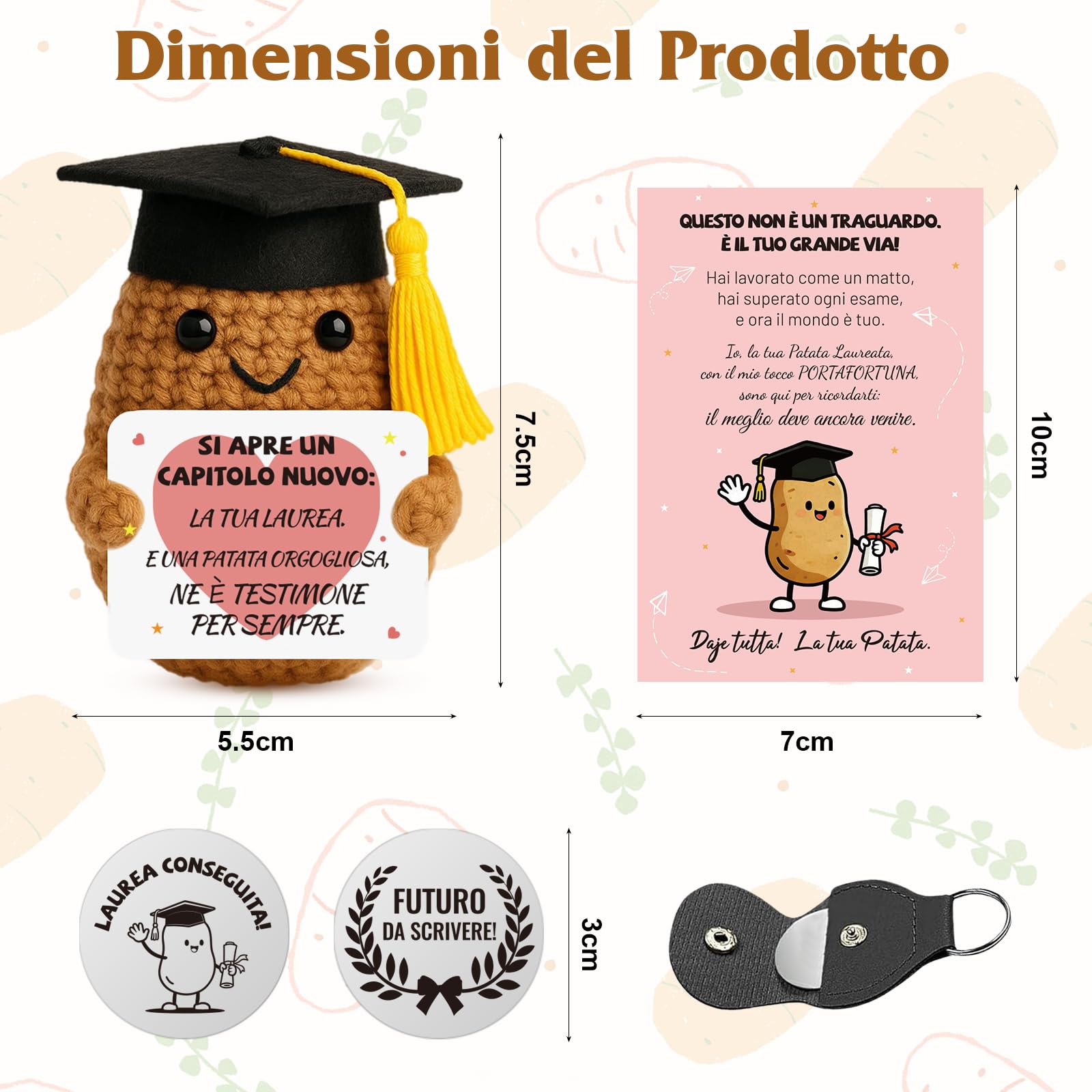 Regalo Laurea Patata Incoraggiante all'Uncinetto a Mano - Pocket Hug Patata Fortunata con Portafortuna Esami e Biglietto di Auguri, Regali Laurea Originali per Donna Uomo