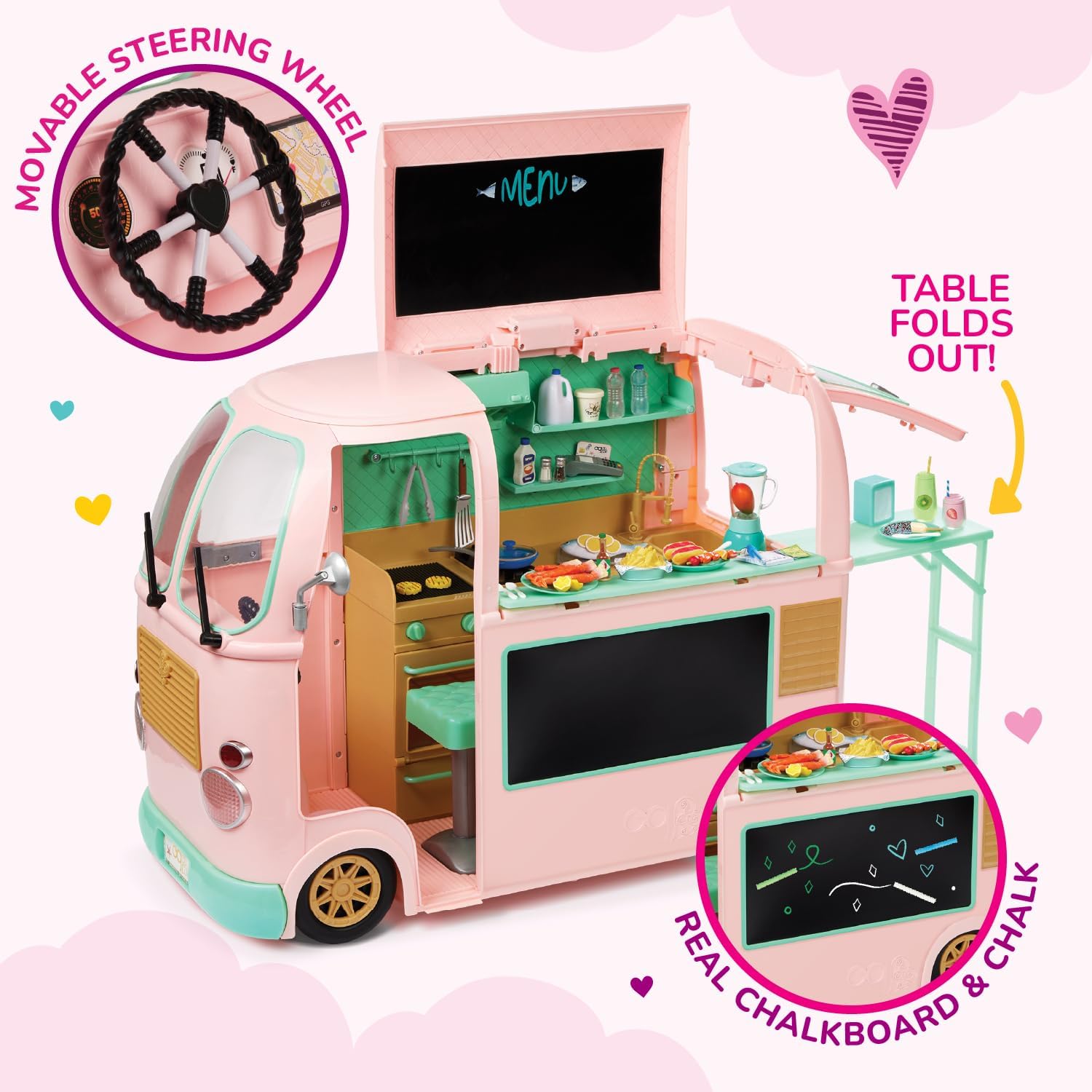 Our Generation – 50+ Realistic Accessories – Chalkboard Menu Boards – Cooking Areas with Oven & Grill – Kids Ages 3 Years Old + – On the Move Food Truck