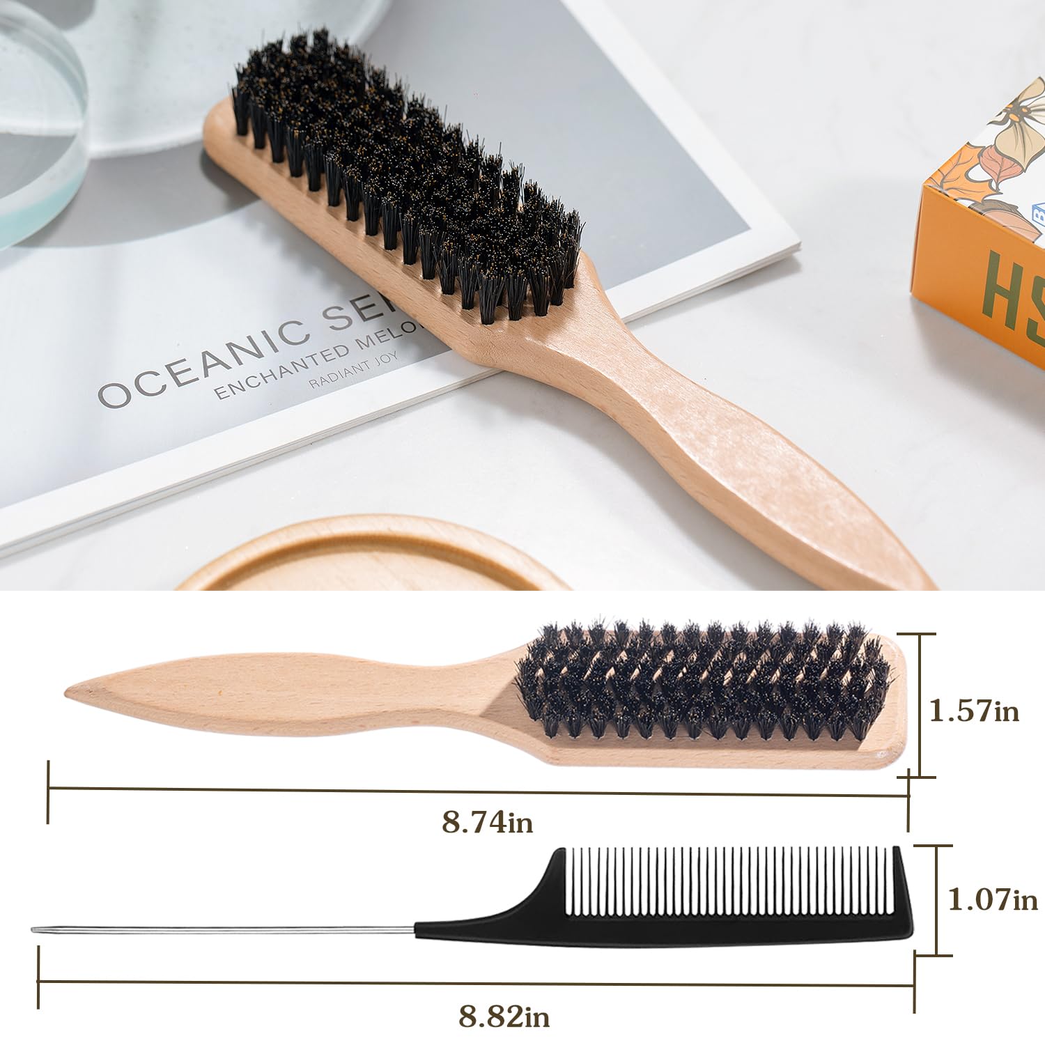 Boar Bristle Slick Back Hair Brush Set, Wooden Styling Edge Control Brush for Sleek Hair, Teasing Hair Brush and Stainless Steel Tail Comb Suitable for Women Hair & Men Beard - Image 2