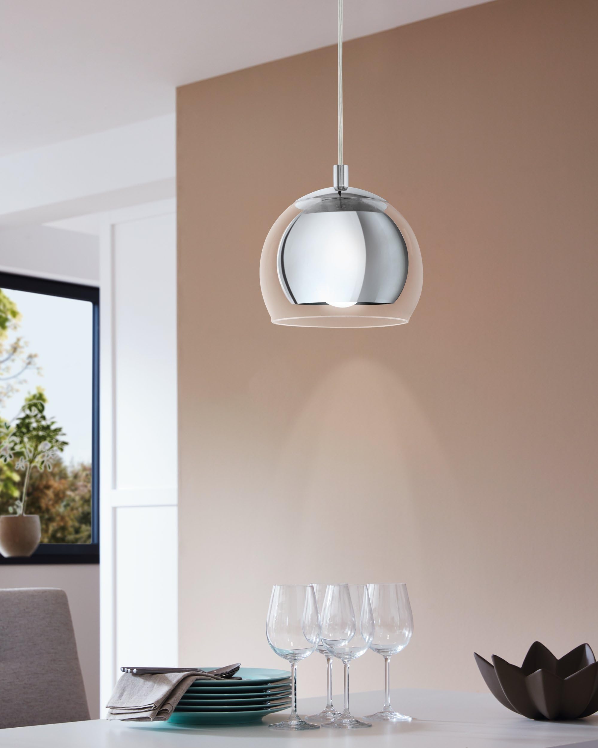 EGLO Lampa wisząca Rocamar, 1-płomienna lampa sufitowa | metalowa lampa chromowana ze szkłem przezroczystym, lampa do jadalni i salonu z oprawką E27