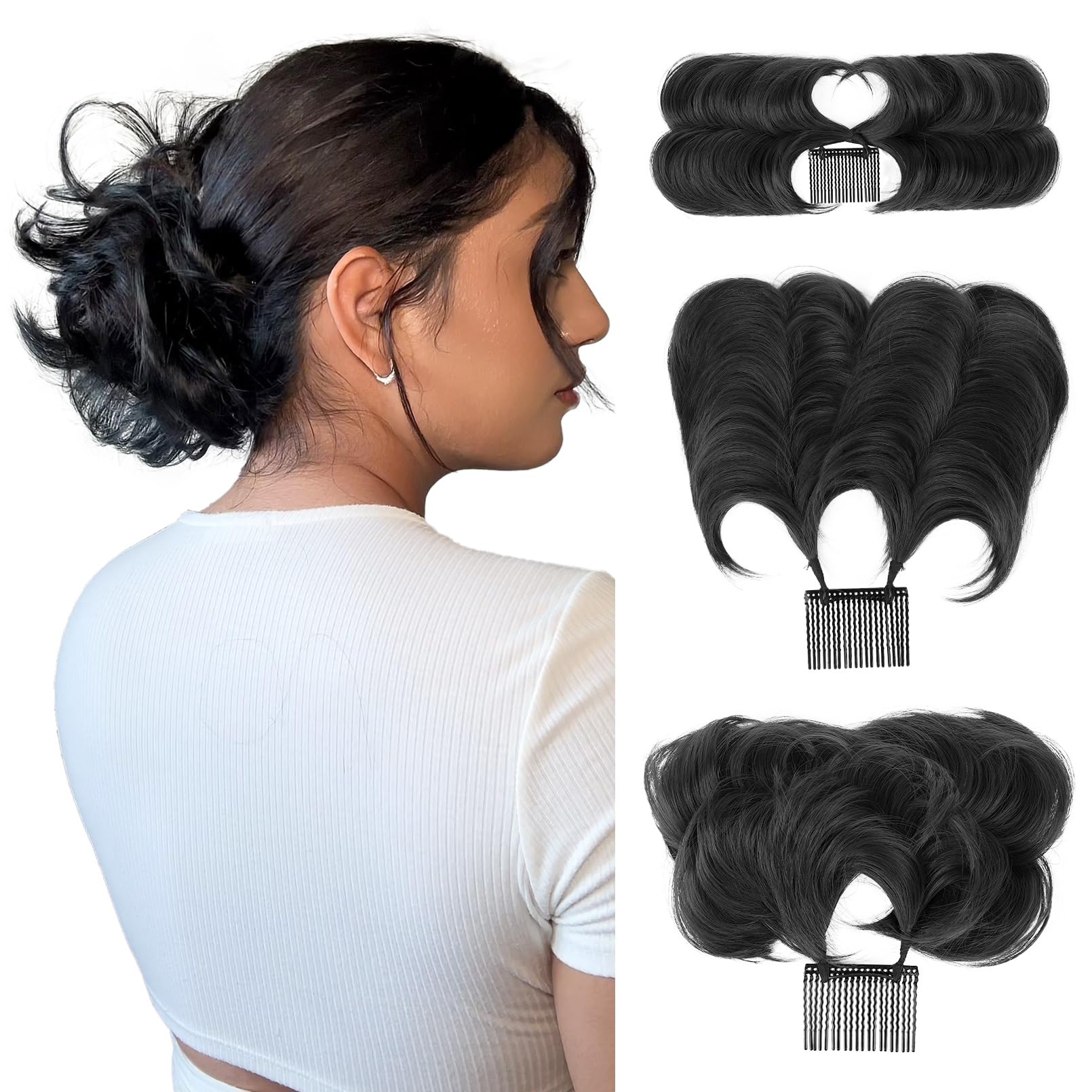 Brikabia Messy Bun Hair Piece Wired Comb Messy Hair Bun Hairpiece Synthetic Clip in Faux Wavy Curly Quick Updo Hairpieces Bun Extensions for Women, Natural Black