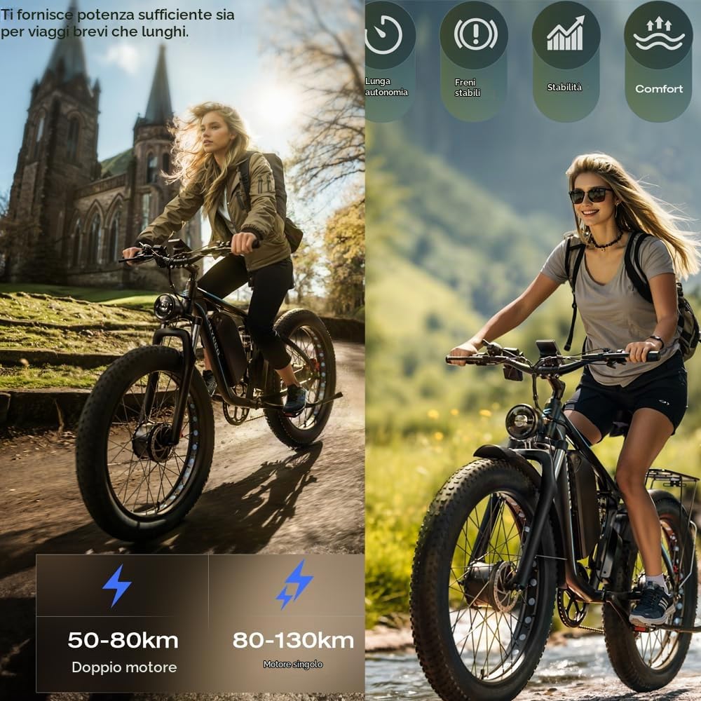 Bicicletta elettrica per adulti EB7, doppio motore brushless da 52 V, batteria rimovibile da 23 Ah, pneumatici larghi 26×4 pollici per neve/mountain bike, bicicletta da pendolare all-terrain a 7 veloc
