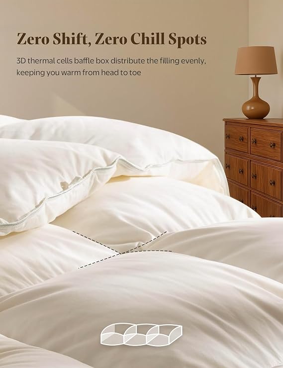 BPC Goose Feather Down Fiber Comforter Queen Size 100% Organic Cotton Cover, 750 Fill Power Extra Fluffy All Season Duvet Insert, Medium Warmth (90x90, White)