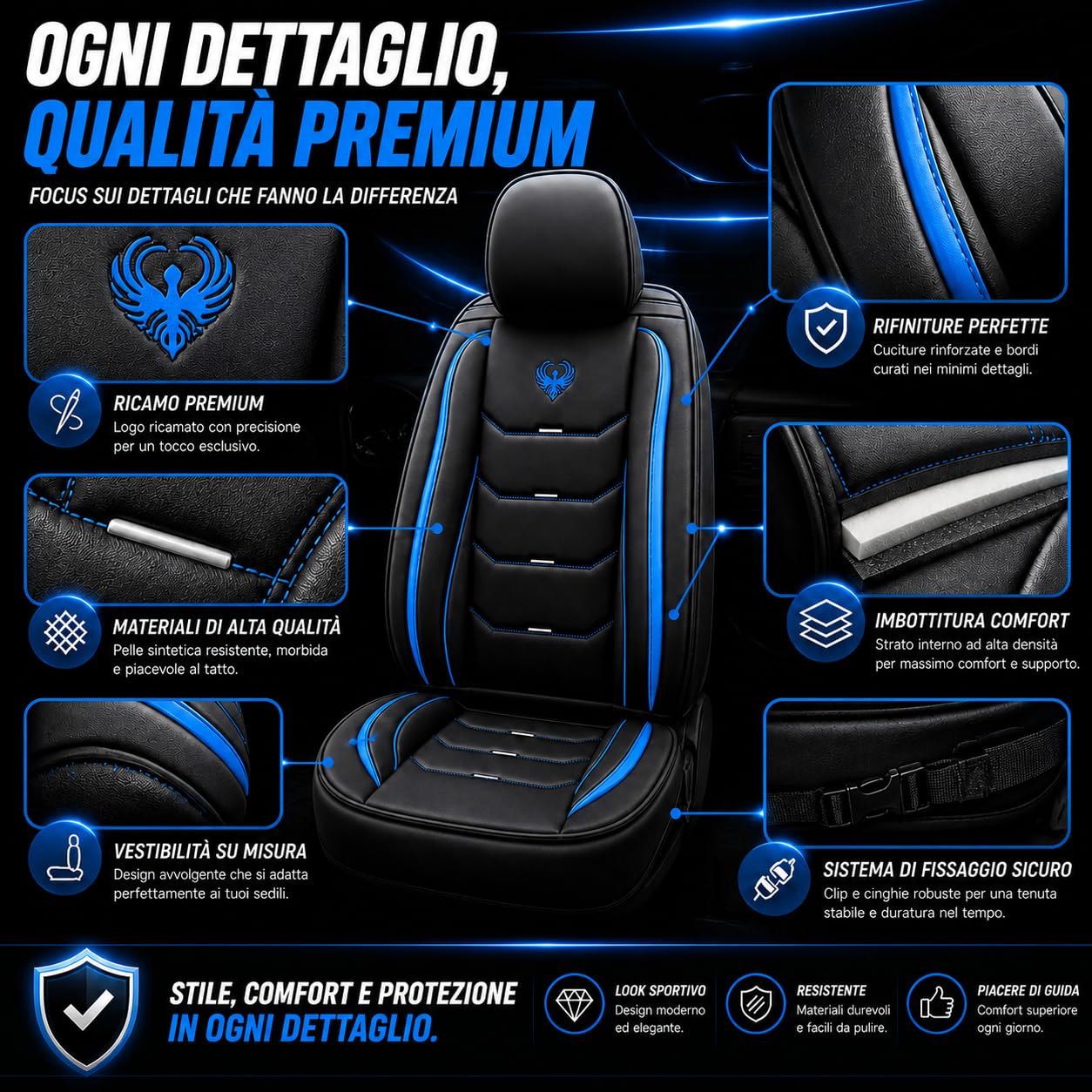 car passion 2 Housses Sportives universelles pour sièges Auto en Simili Cuir Avant avec appuie-têtes, compatibles airbags latéraux, Look Dynamique (2 Housses Bleues)