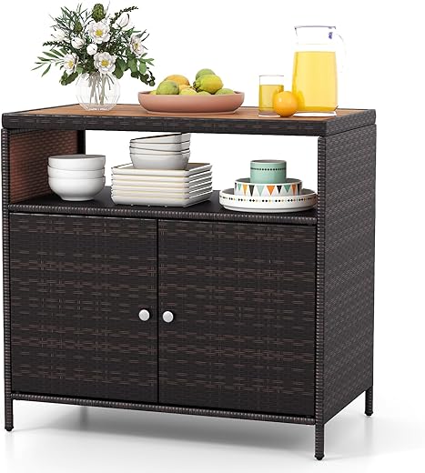 GIANTEX Gartenschrank, Rattan-Buffetschrank Outdoor, Aufbewahrungsschrank mit Arbeitsplatte & Regal, Beistellschrank für Garten, Balkon & Pool, 90 x 53 x 66 cm (Braun)