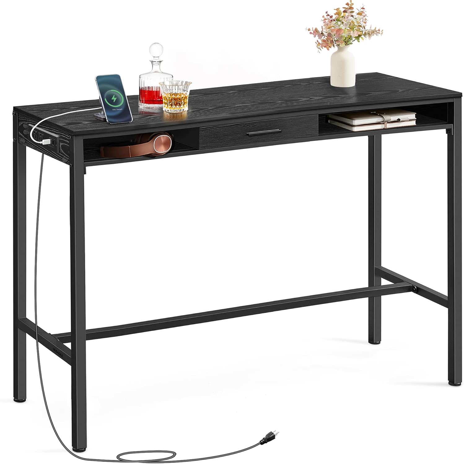 VASAGLE Bar Table with Power Outlets, 47.2 Inches LED Lights Narrow Tall Pub Table, Counter Height Console Desk, Mesh Panels and Metal Frame, for Kitchen, Entryway, Ebony Black and Matte Black