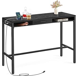 VASAGLE Bar Table with Power Outlets, 47.2 Inches Long Bar Height Pub Table, Rectangular High Top, with Movable Drawer, 2 Hooks, Narrow Storage for Kitchen, Dining, Entryway, Ebony Black