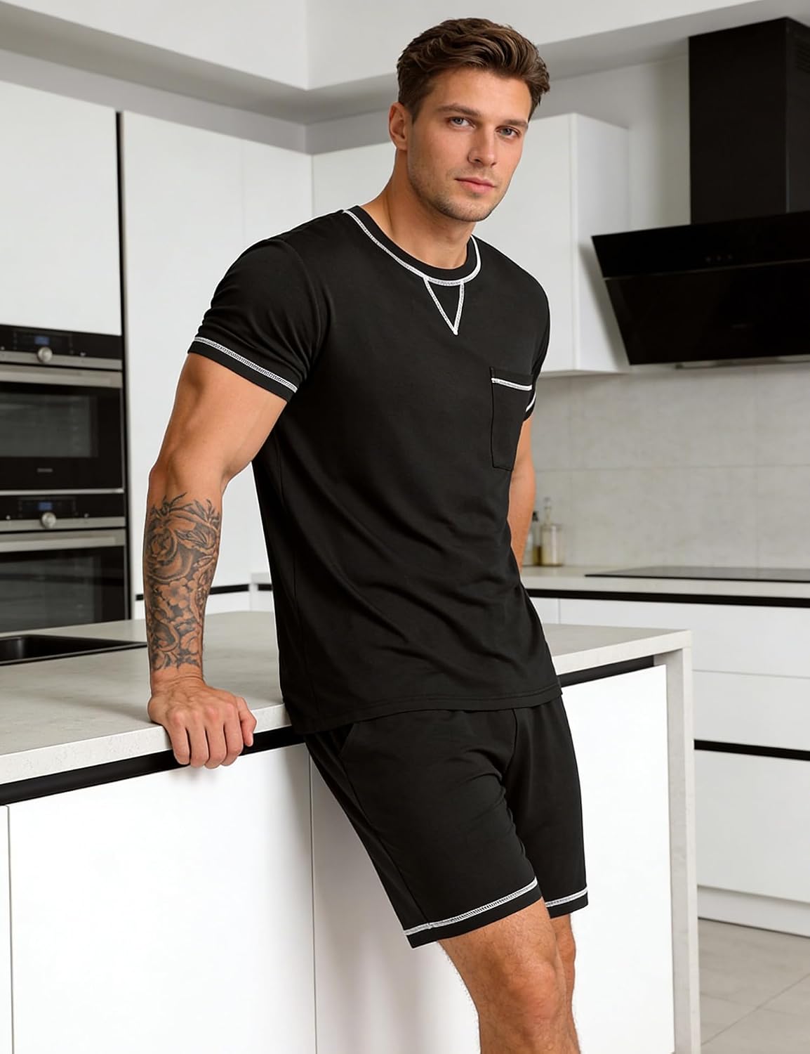 SWOMOG Mens Pajamas Set Summer Sleepwear Short Sleeve Pjs Set Soft 2 Piece Lounge Set Comfy Loungewear with Pockets
