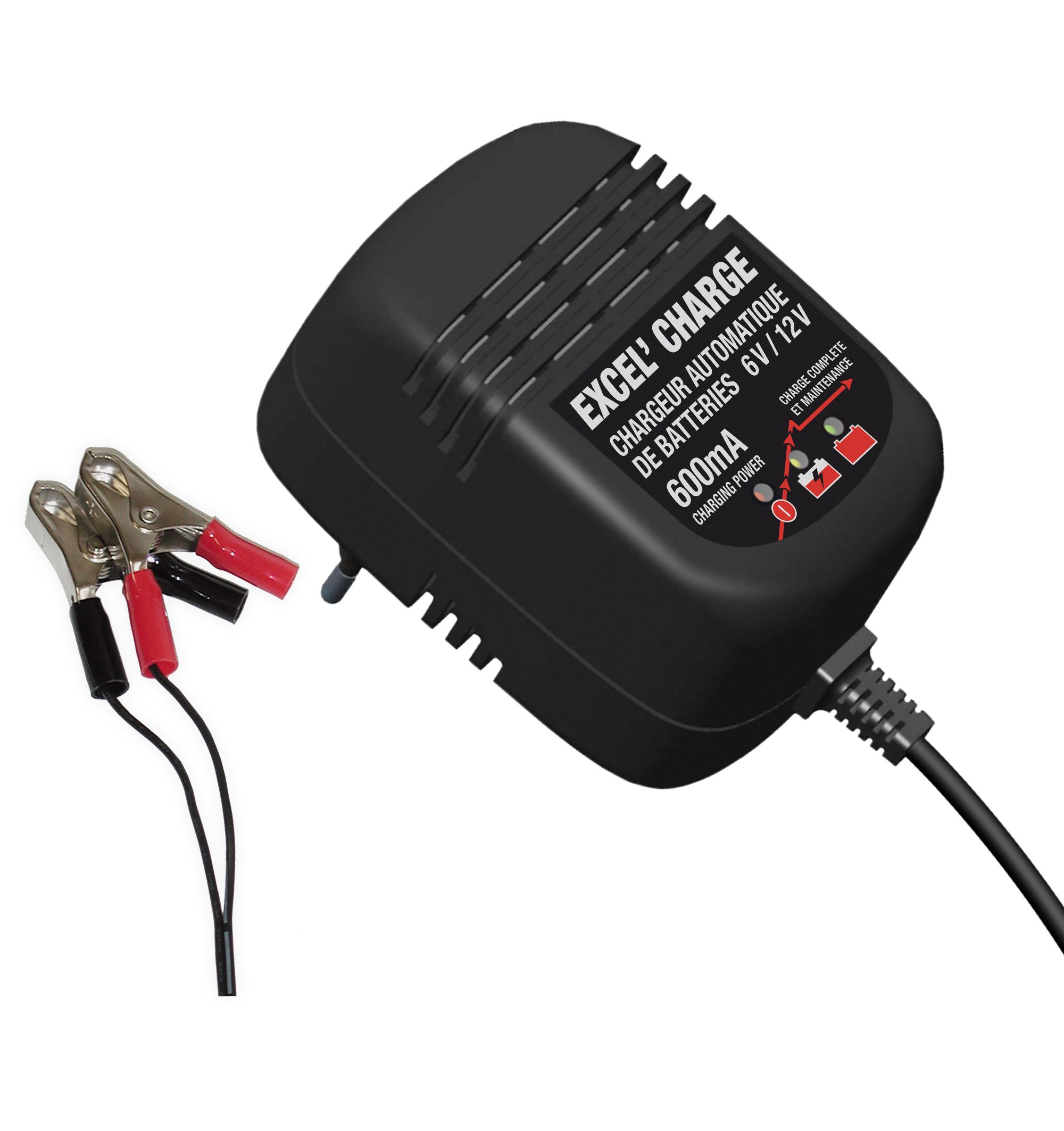 Greenstar - Chargeur Automatique Excel' Charge - pour Batteries Plomb/Acide 5-32Ah 6V/12V - avec Pinces Crocodiles - Tension Secteur 220-240V - Ampérage 0.6A - Dimensions 0.130m x 0.100m x 0.075m