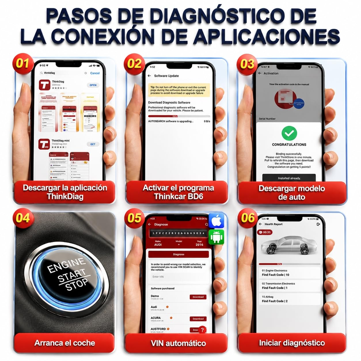 thinkcar THINKDIAG BD6 OBD2 Diagnosis con Todos Sistema | Herramienta de diagnóstico para iOS y Android, 5+ Reinicios en Caliente