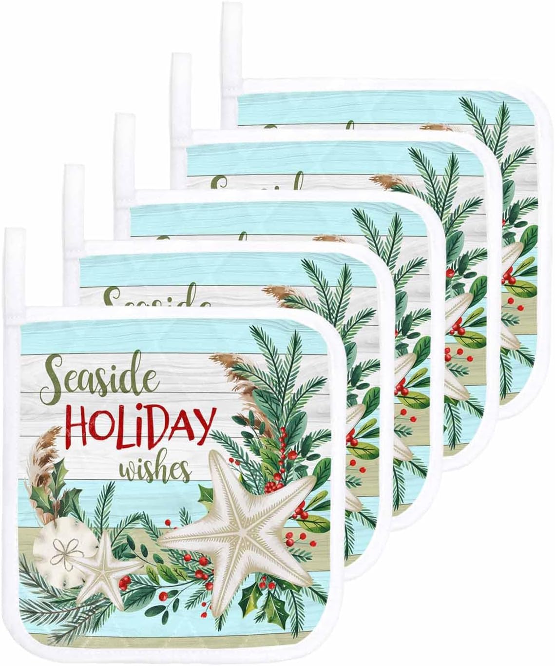 Coastal Christmas Pot Holders for Kitchen Heat Insulation, Seaside Holiday Wishes Xmas Beach Starfish Potholders Hot Pads with Hanging Loop, Washable Oven Mitts Pot Holder Trivet for Cooking 5 Pack