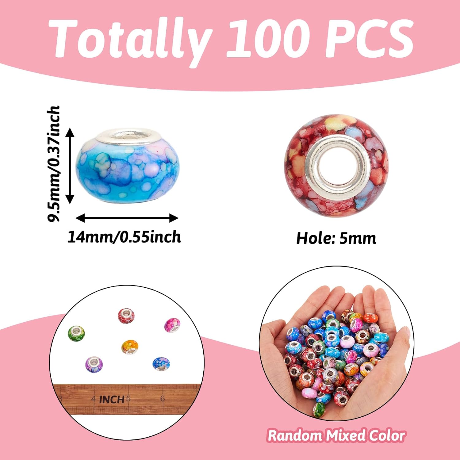 Beadthoven 100pcs Large Hole European Beads Watercolor Colorful Resin Rondelle Beads Charms with Silver Brass Cores European Charm fit Bracelet Necklace DIY Pens Jewelry Making Macrame Hair Braids