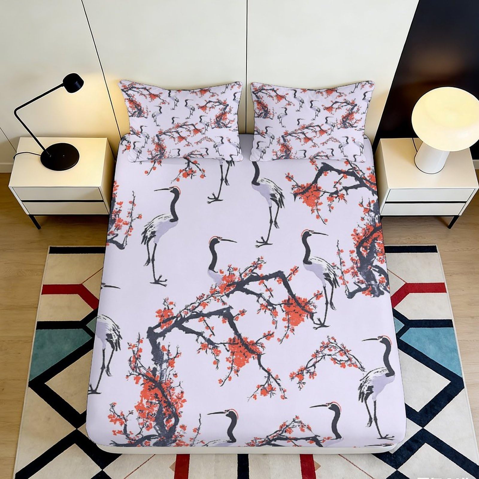 3D Printed Plum Blossom Fitted Sheet Microfiber Soft Breathable Chinese Ink Mattress Cover Bedroom Decor 90x200x25cm