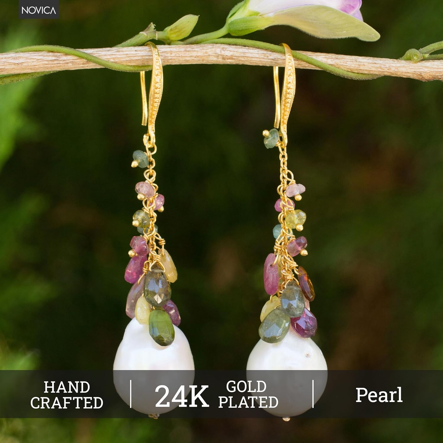 NOVICA Artisan Handmade Gold Plated Cultured Pearl Tourmaline Earrings Multicolor Pearls on White Dangle Thailand Birthstone [2.5 in L x 0.6 in W] ' Thai Vineyard'