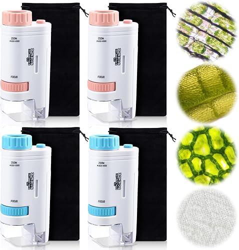 Kanayu Juego de 4 microscopio de bolsillo con luz LED, microscopio de bolsillo portátil, microscopio de mano con bolsa de terciopelo para niños,