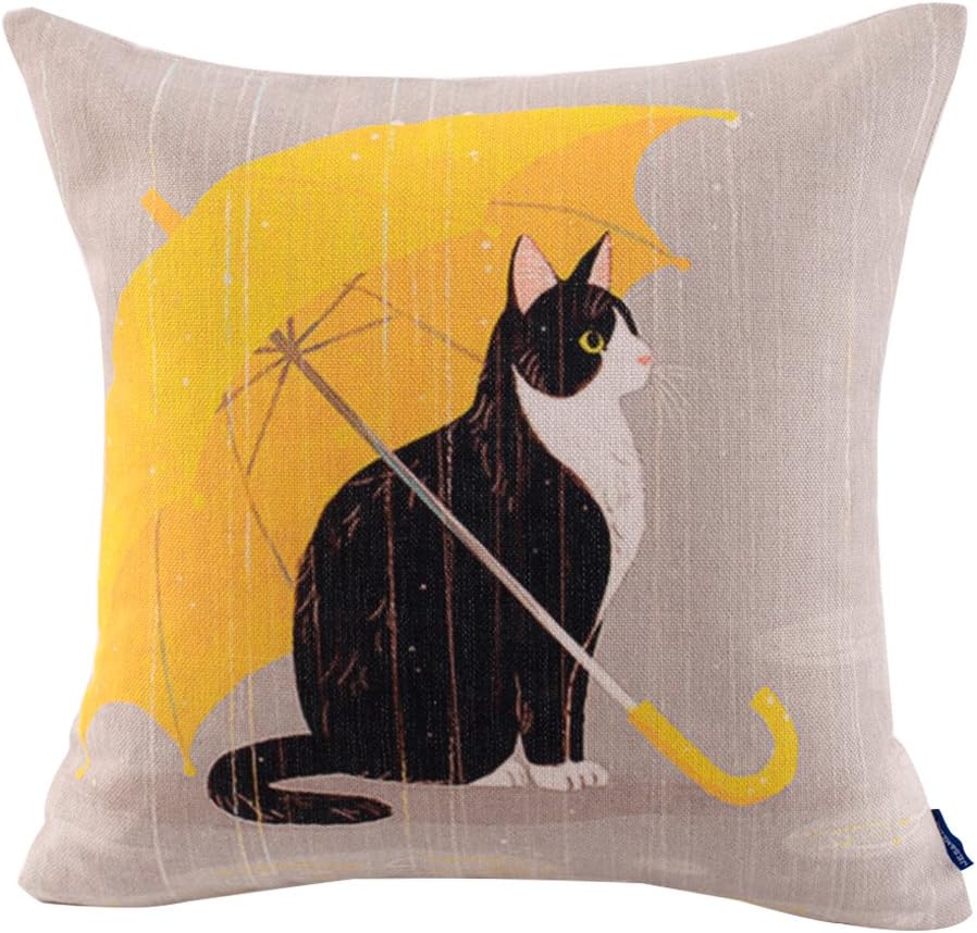 JES&MEDIS Cute Cat Theme Print Square Throw Pillow Cover Cotton Linen Spring Home Decorative Cushion Case for Bed Office Car 18 x 18 Inches, Yellow Umbrella Cat