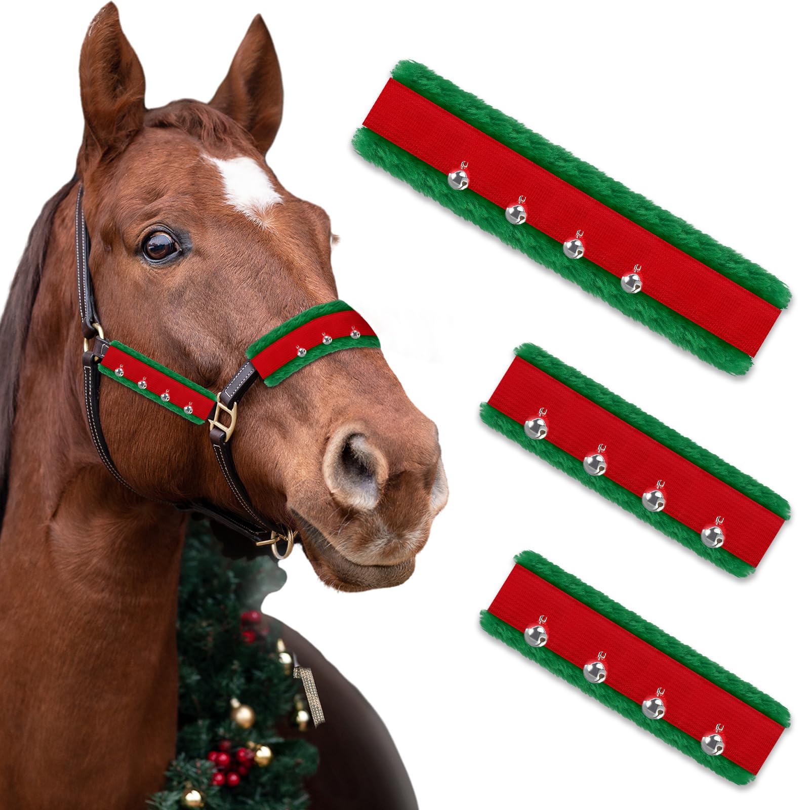 SilTriangle 3 Pcs Christmas Horse Santa Halter Bridle Cover with Jingle Bell Horse Halter Noseband Cheek Pieces Cover Christmas Tack Costume for Parade(Red Green)