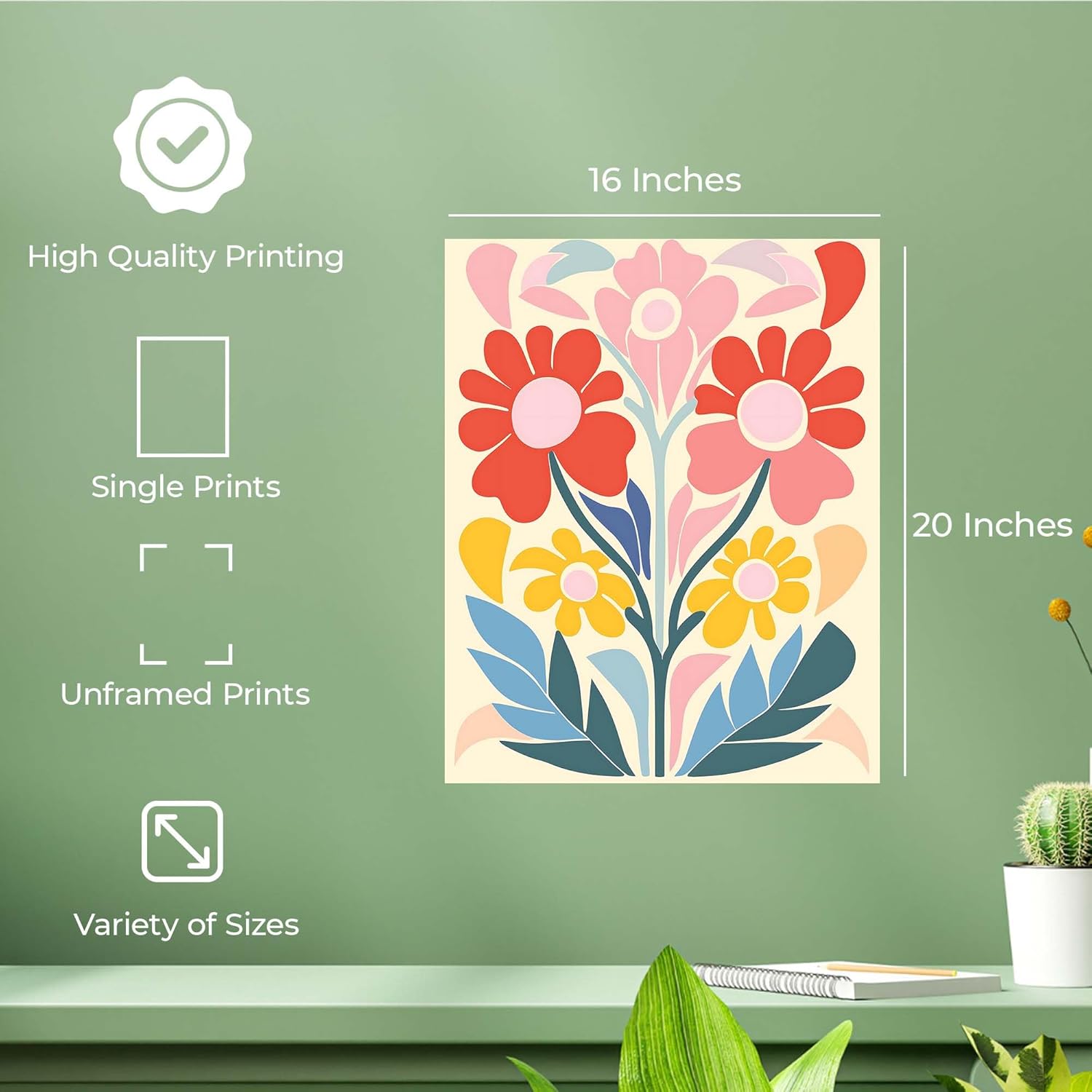 InkFlow Posters Colorful Floral Garden Poster - Playful Flower Illustration - Cheerful Nature Design - Whimsical Art Print - Kids Bedroom Playroom Nursery Decor - 16x20 Unframed Canvas Print