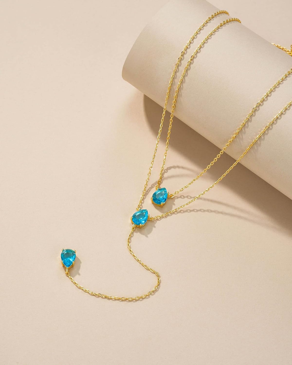 Long 18K Gold Plated Blue Green Red Layered Pendant Necklace For Women (Emerald, Ruby, Seafoam, Sky, Sapphire, Pink), Dainty Birthstone Necklace, Statement Necklace Jewelry Gifts. - Image 5