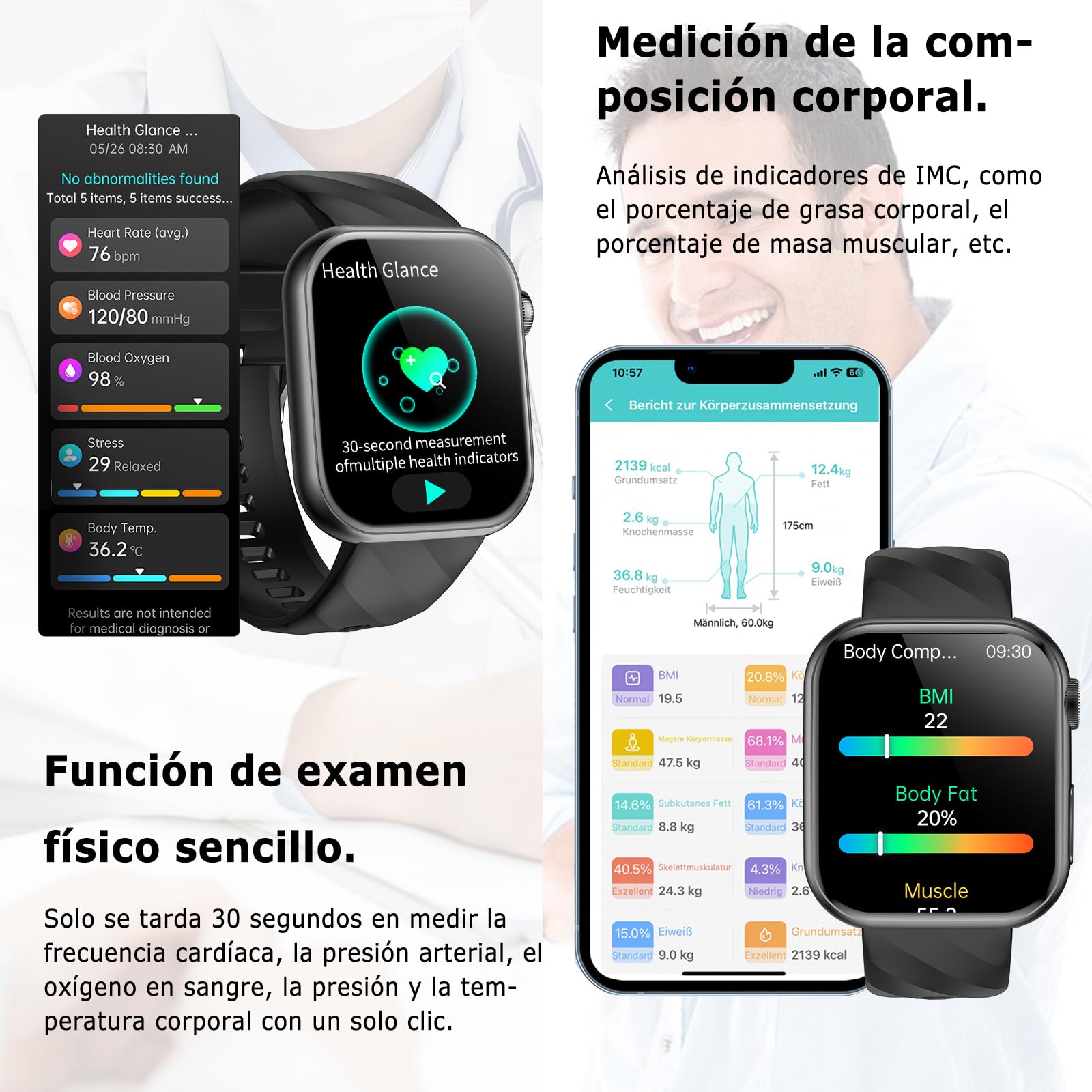 Marsyu Reloj Inteligente con ECG+HRV, Presión Arterial, Sueño, Hombre Mujer | 1,97" AMOLED Reloj Salud con Composición Corporal, Microchequeo, 24H Pulsómetro, SpO2, IMC, Temperatura, Ciclo Menstrual, SOS