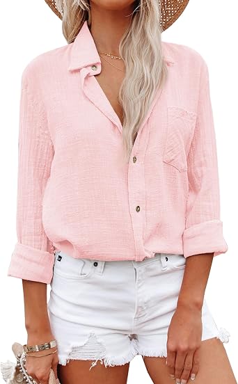 Womens Linen Button Down Shirt Cotton Dress Shirts Long Sleeve Collared Work Blouses Solid Tunic Tops with Pockets Light Pink,L