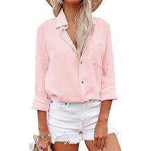 Womens Linen Button Down Shirt Cotton Dress Shirts Long Sleeve Collared Work Blouses Solid Tunic Tops with Pockets Light Pink,L