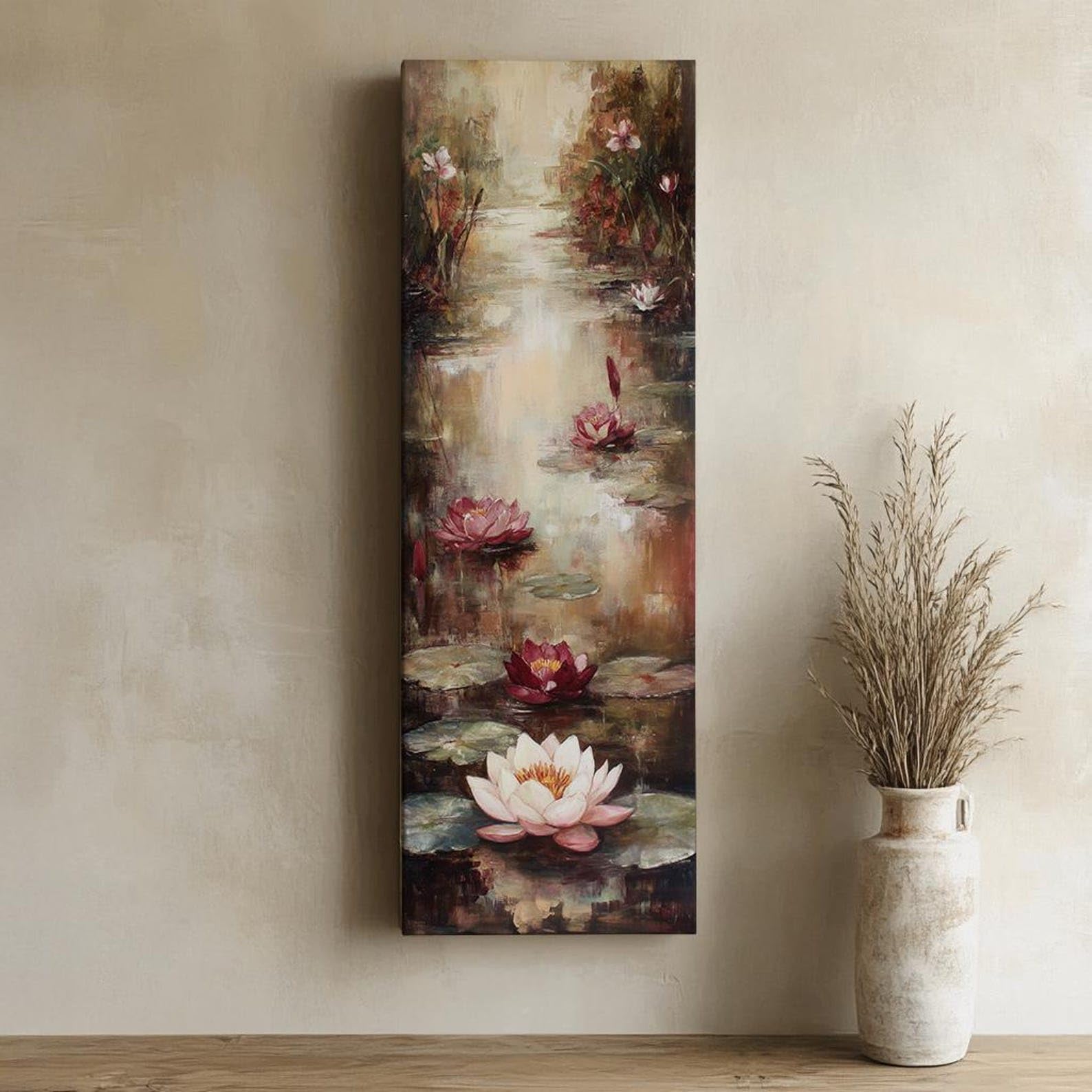 lianyibo Obraz na płótnie "Spokojne lilie wodne", plakat Zen i spokojny, wydłużony format pionowy, idealny do dekoracji salonu i sypialni (20 x 60 cm/rama wewnętrzna).
