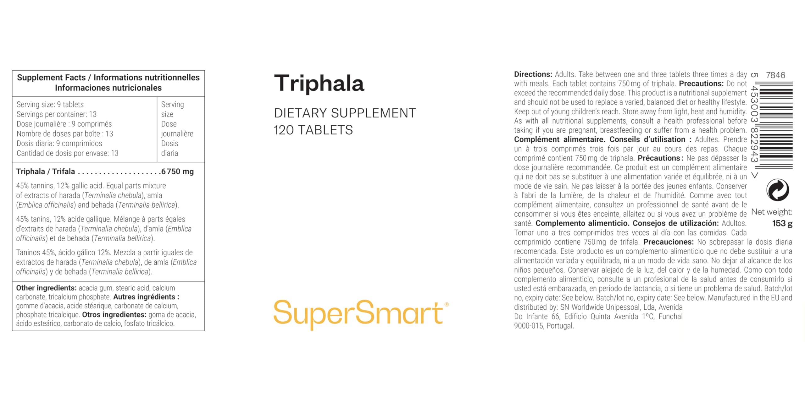 Triphala – Santé du Foie et Détox Intestinale - Complément Alimentaire Ayurvédique – Antioxydant Naturel en Comprimés – Detox foie et intestin - 120 comprimés – SuperSmart