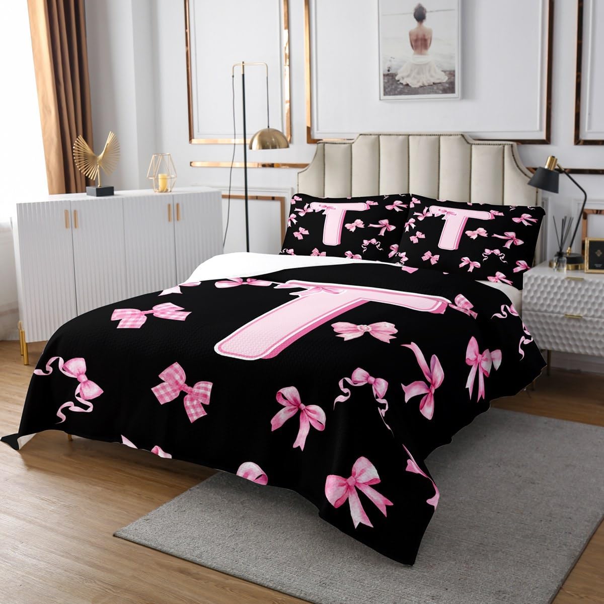 Erosebridal Teen Girl Initial Bow Bedspread Sets King Size Cute Pink Bow Coverlet Set with Letter T Trendy Modern Fashion Preppy Bed Set Girly Coquette Pink Bowknot Bedding Set