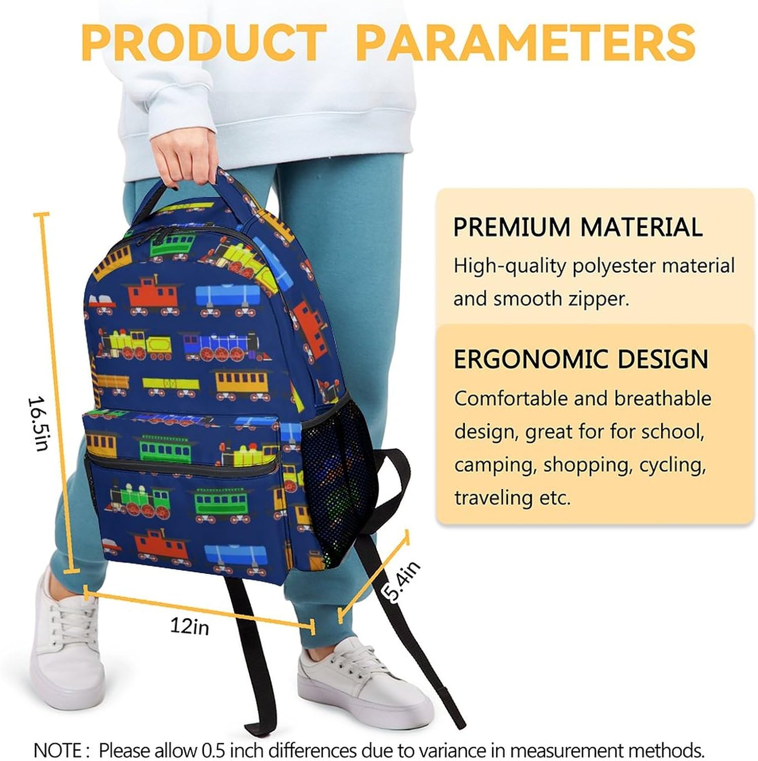 Train School Backpack for Girls, Boys - 16 Inches Dark Blue Backpacks for Kids 6-12 Years - Lightweight Cool Bookbag for Elementary
