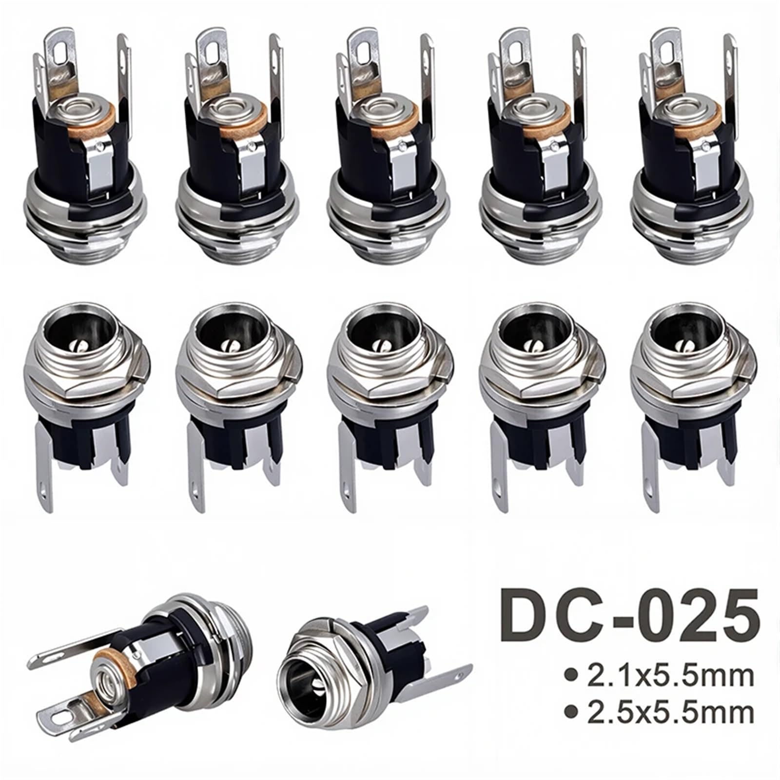 Jack di alimentazione CC, 50 pezzi, presa jack femmina per montaggio a pannello, connettore a 3 pin, 5,5 x 2,1 mm, 5,5 x 2,5 mm, per audio auto, laptop, lettori MP3 (2.1 con tappo)